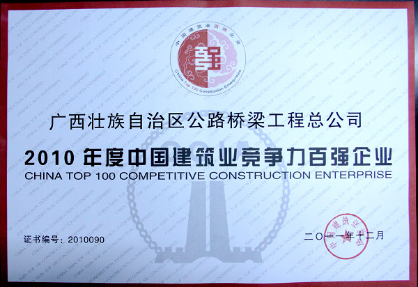 公司荣获中国修建业竞争力百强企业 - 企业要闻 - 拉斯维加斯3133cc